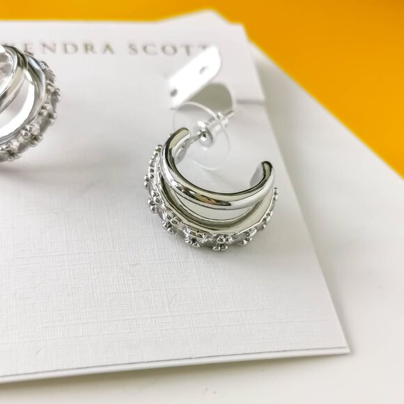 Kendra Scott Livy Silver White Crystal Huggie Earrings Dainty - Picture 3 of 3